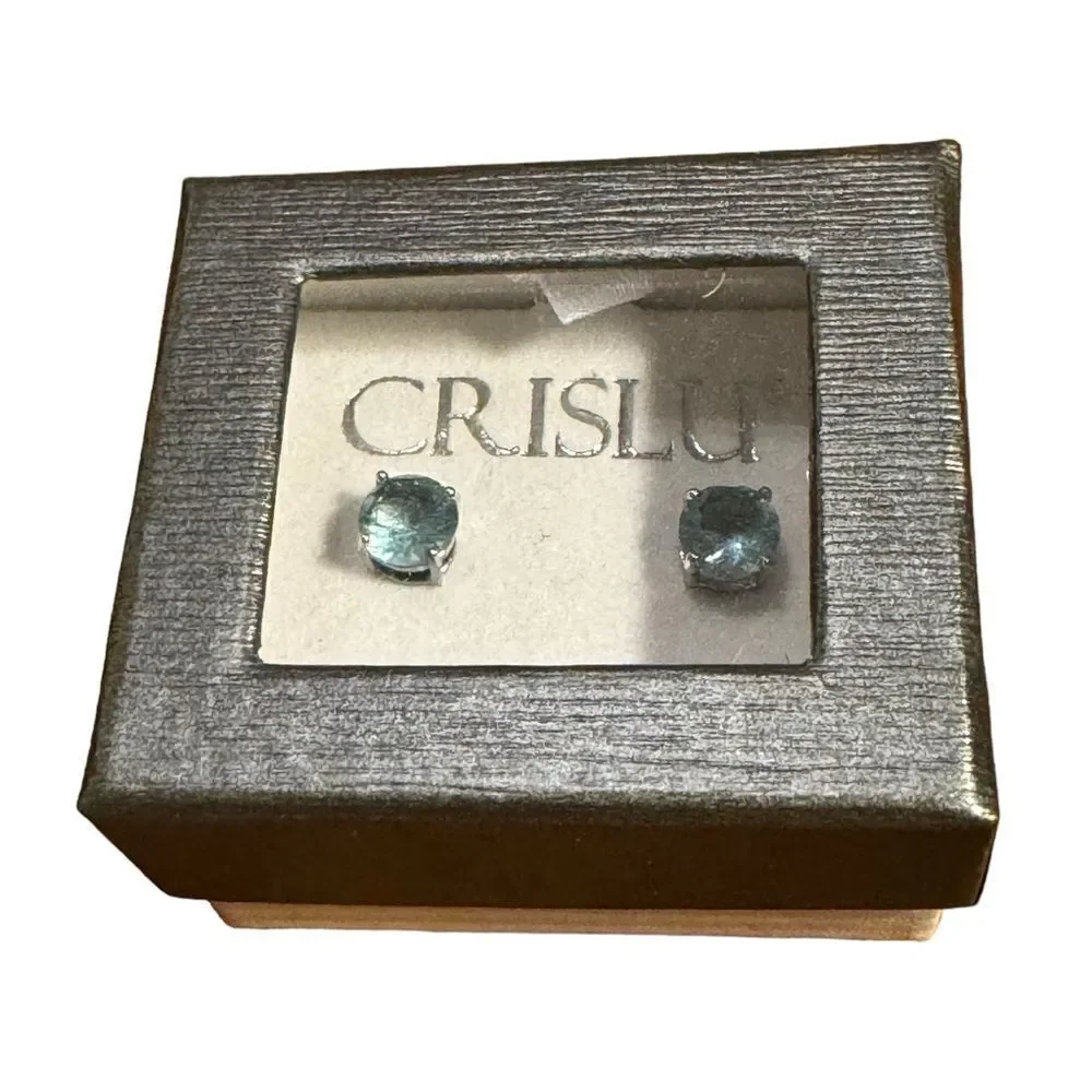 NWT Crislu 2CTTW solitaire blue crystal post earrings in sterling silver